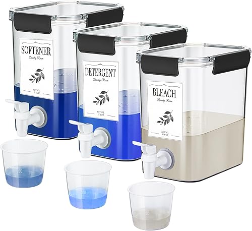 Soaoo Juego de 3 dispensadores de detergente líquido para ropa de 67.6 onzas con grifo y taza de detergente, etiquetas para suavizantes de tela de