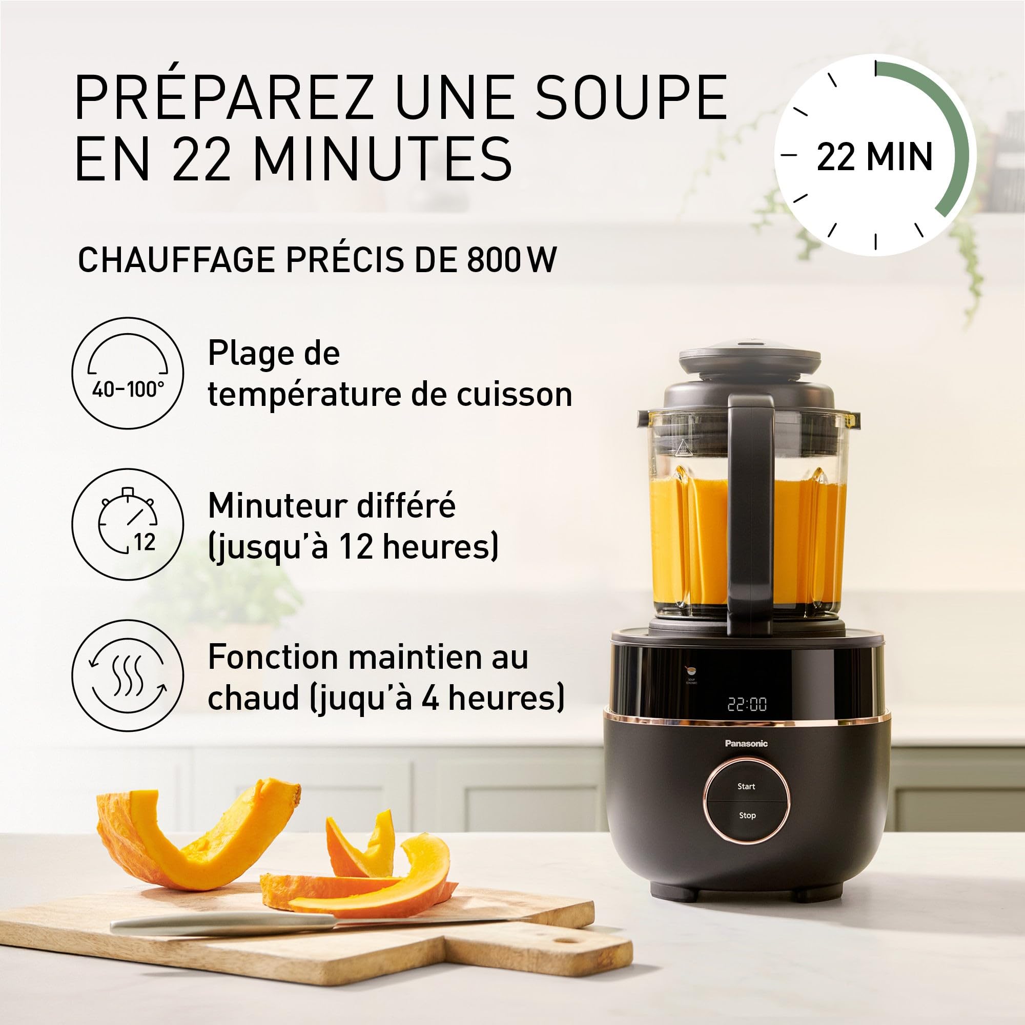 Panasonic MX-HG4401KXE Blender Chauffant, 1.2L, 800W, Chaud et Froid, 9 modes Automatiques, 10 Vitesses, Minuterie, Maintien au Chaud, Nettoyage Automatique, Noir et or Rose