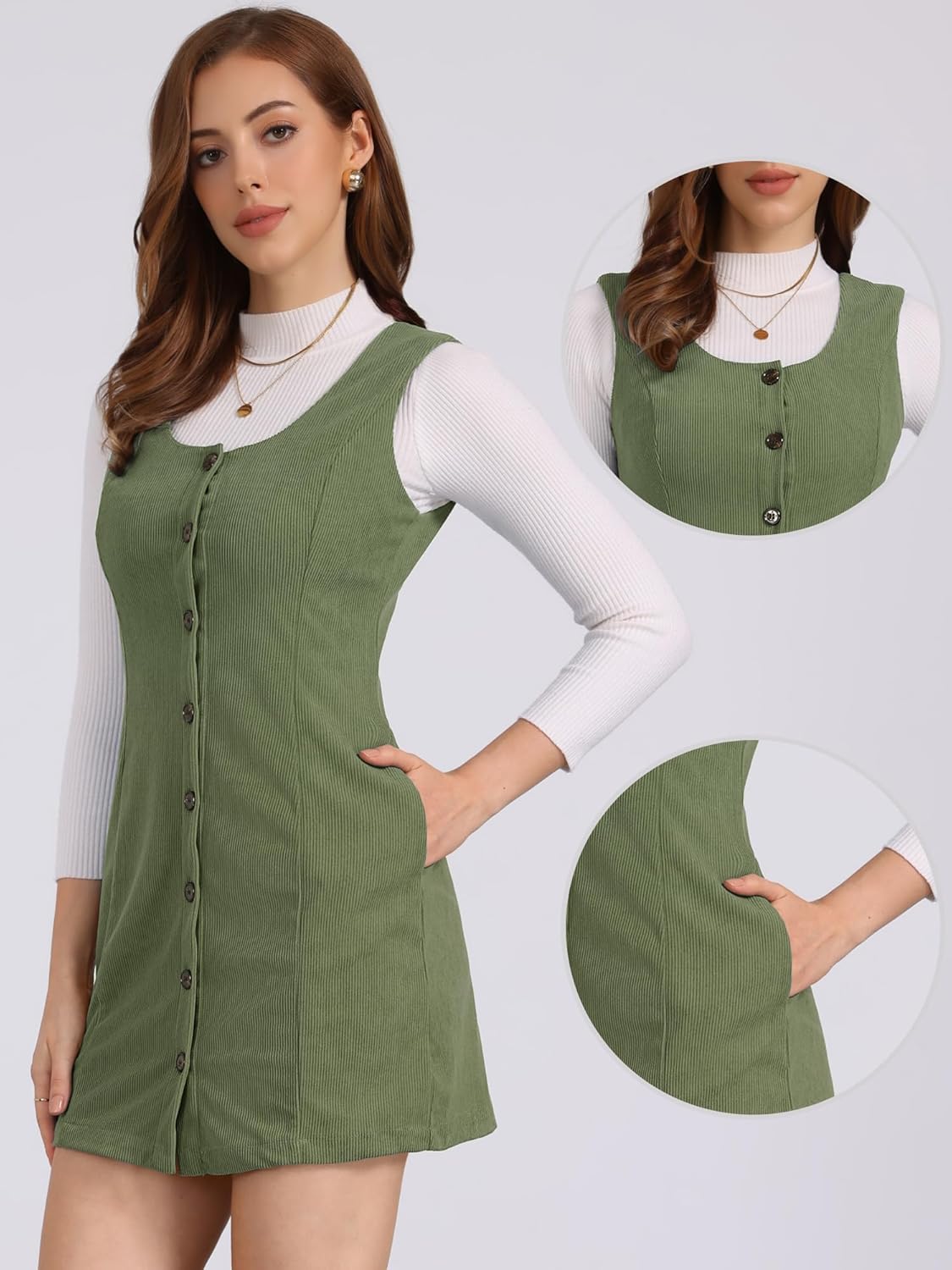 Allegra K Corduroy Overall Dress for Women's Fall Scoop Neck Sleeveless Button Down Casual Pinafore Dresses - Image 4