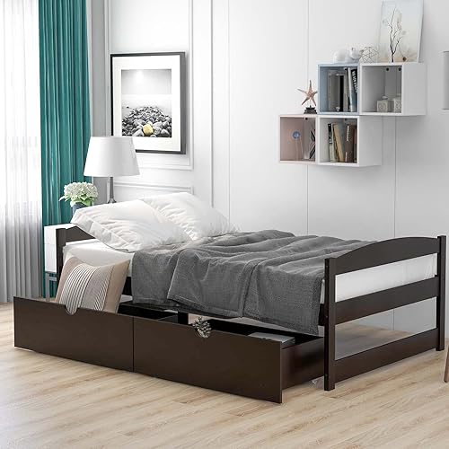 Base de cama de plataforma de madera de tamaño individual con 2 cajones de almacenamiento, sofá cama de almacenamiento moderno con soporte de