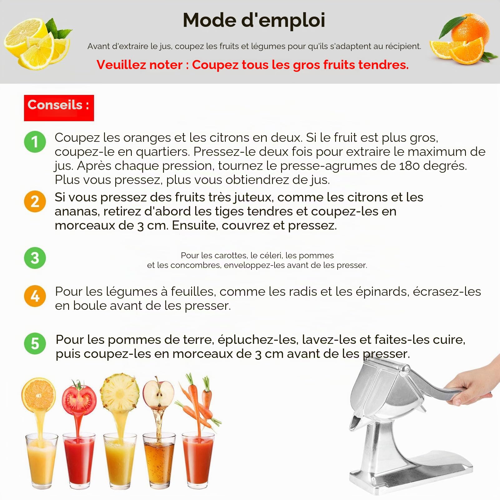 Presse-jus à manivelle, presse-agrumes manuel fruits citron orange presse accessoires de cuisine en aluminium