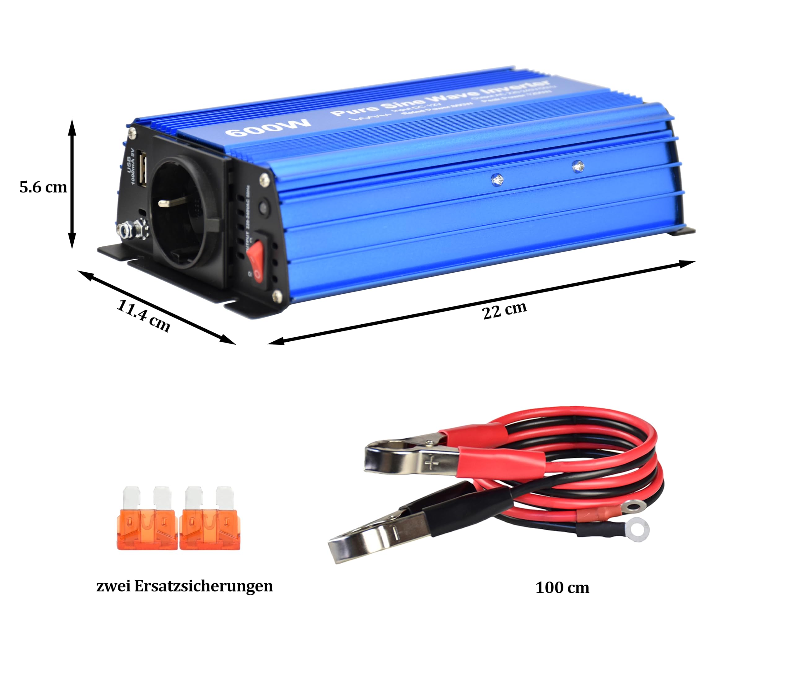 Inversor de onda sinusoidal pura de 600 vatios con enchufes alemanes, salida USB DC 5 V 2 A (600 W)
