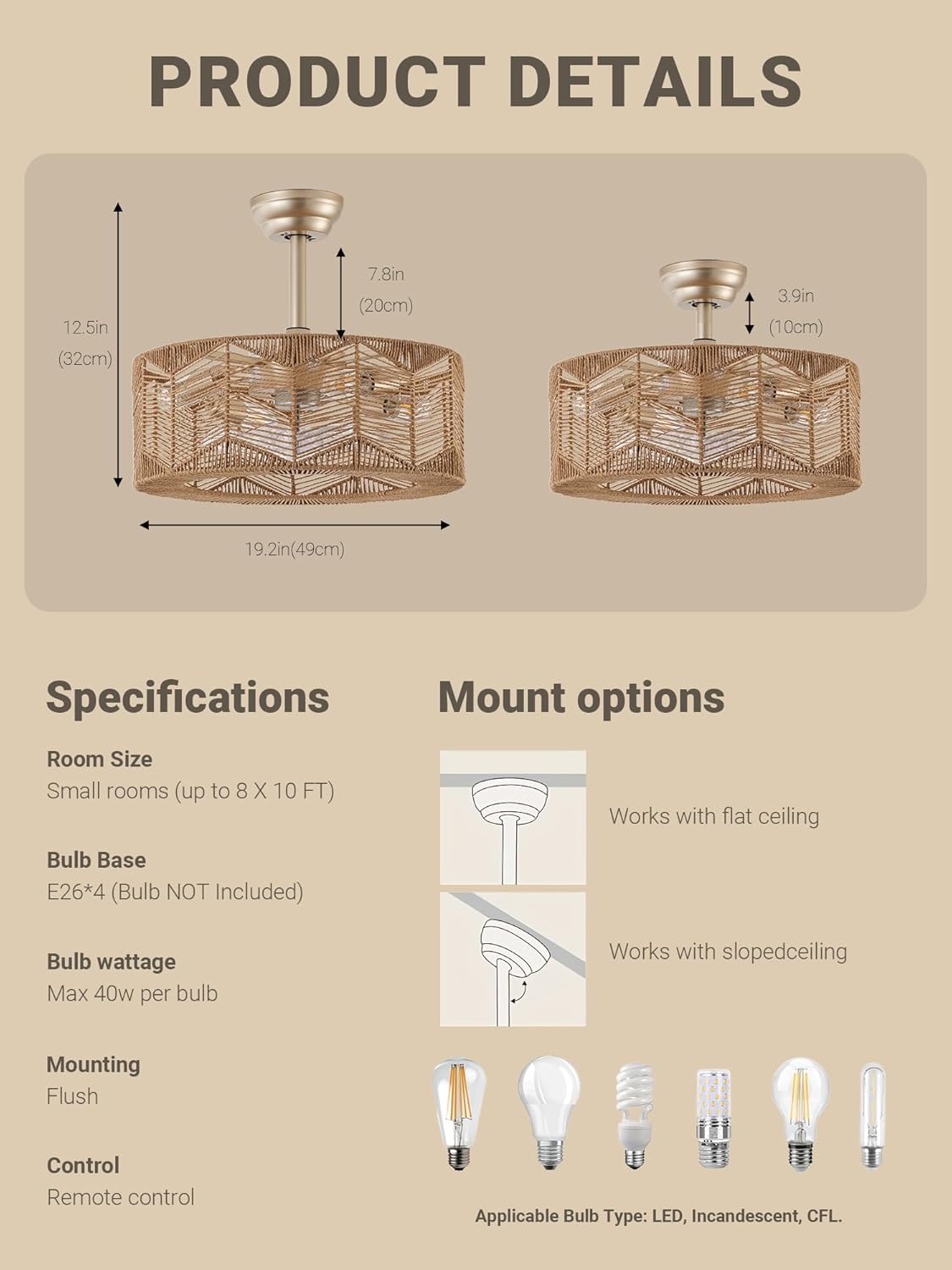 Boho Fandelier Enclosed Ceiling Fan with Light, Rustic Caged Ceiling Fan, 7 Blade Ceiling Fan with Light & Remote Control, 6 Speeds Reversible Timing, for Bedroom Living Room Dining Room