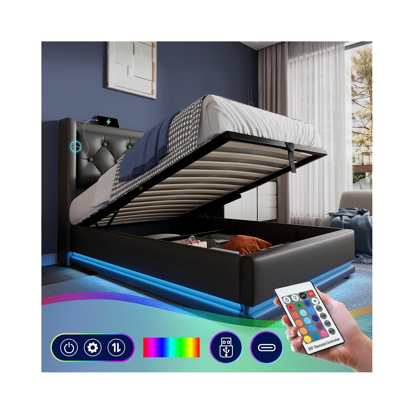 lit 90 x 200 cm, avec LED et USB de type C, rembourré, tête de lit rembourrée et espace de rangement, sommier à lattes, lit simple pour adolescent, coffre hydraulique