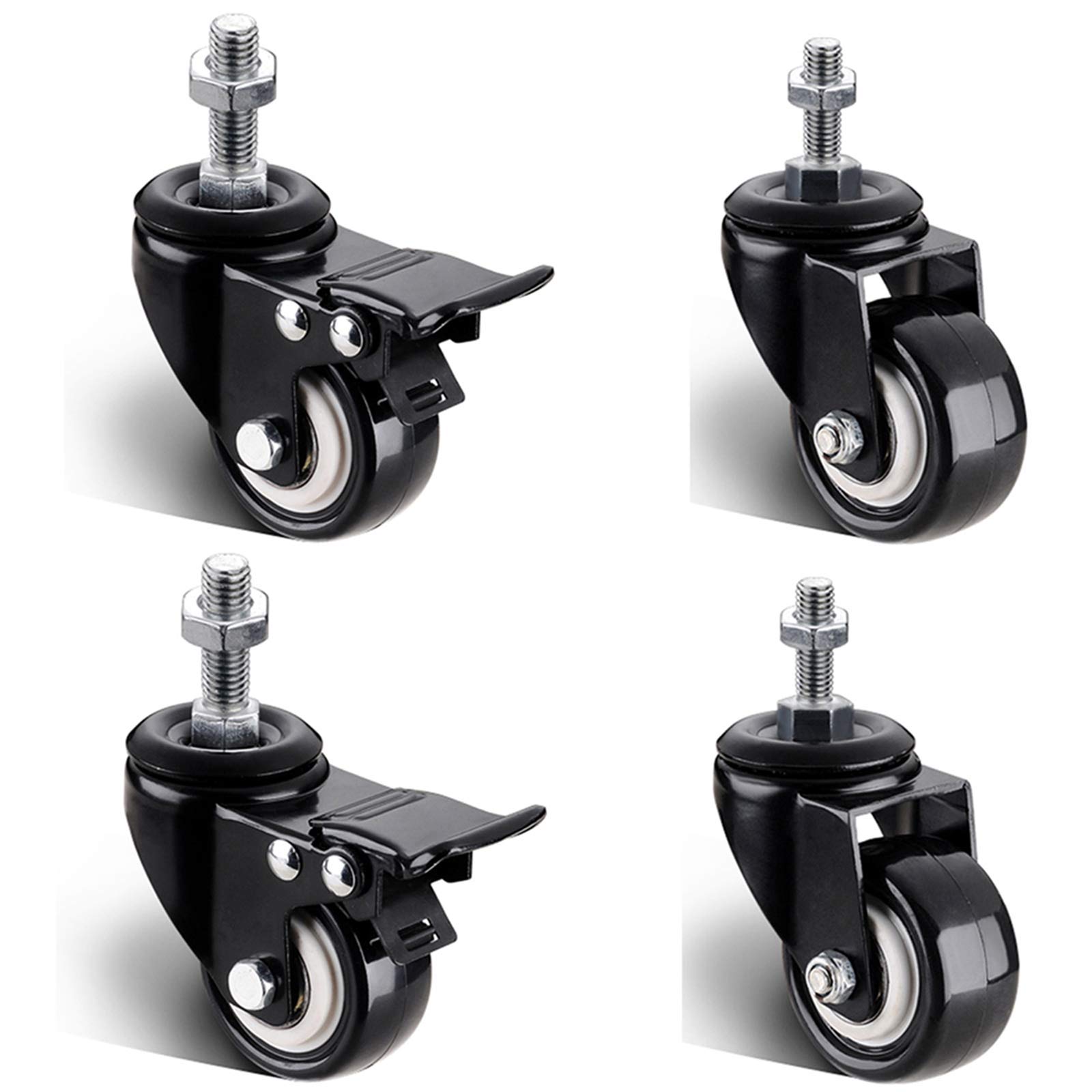 GYRAZXS 2-Inch Furniture Cs Silent Rubber Wheels with Brake 4-Pack Workbench Rollers Easy Installation Threaded Stem Swivel + Brake M12 Size
