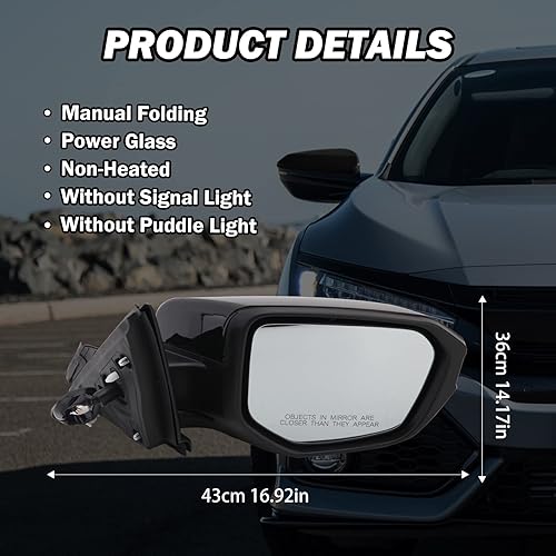 Miniatura 8 de Espejo lateral del pasajero compatible con Honda Civic 2016, 2017, 2018, 2019, 2020, 2021, espejo con cristal eléctrico, sin calefacción, plegable