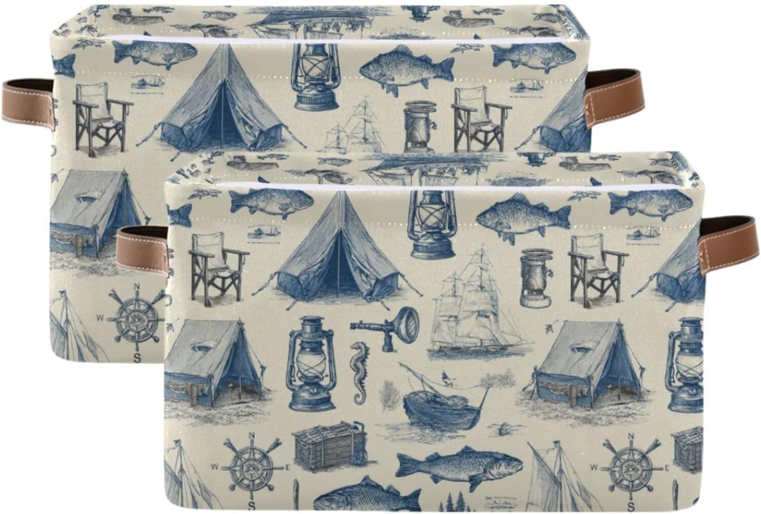 Camping Yellow Fish Retro Storage Basket Waterproof Canvas Fabric Decorative Storage Bins Collapsible with PU Handles for Home Bedrooms image 2