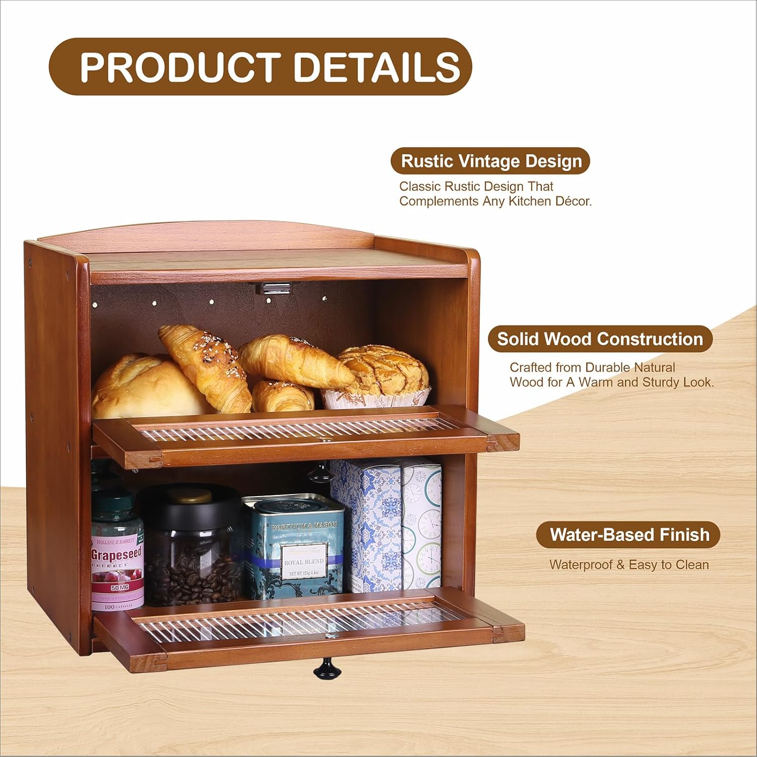 Bread box for Kitchen Countertop Double Layer Large, Solid Wooden Farmhouse Bread Storage Container with Acrylic Window, Bread Holder Organizer Bin for Homemade Bread and Pantry(Teak)