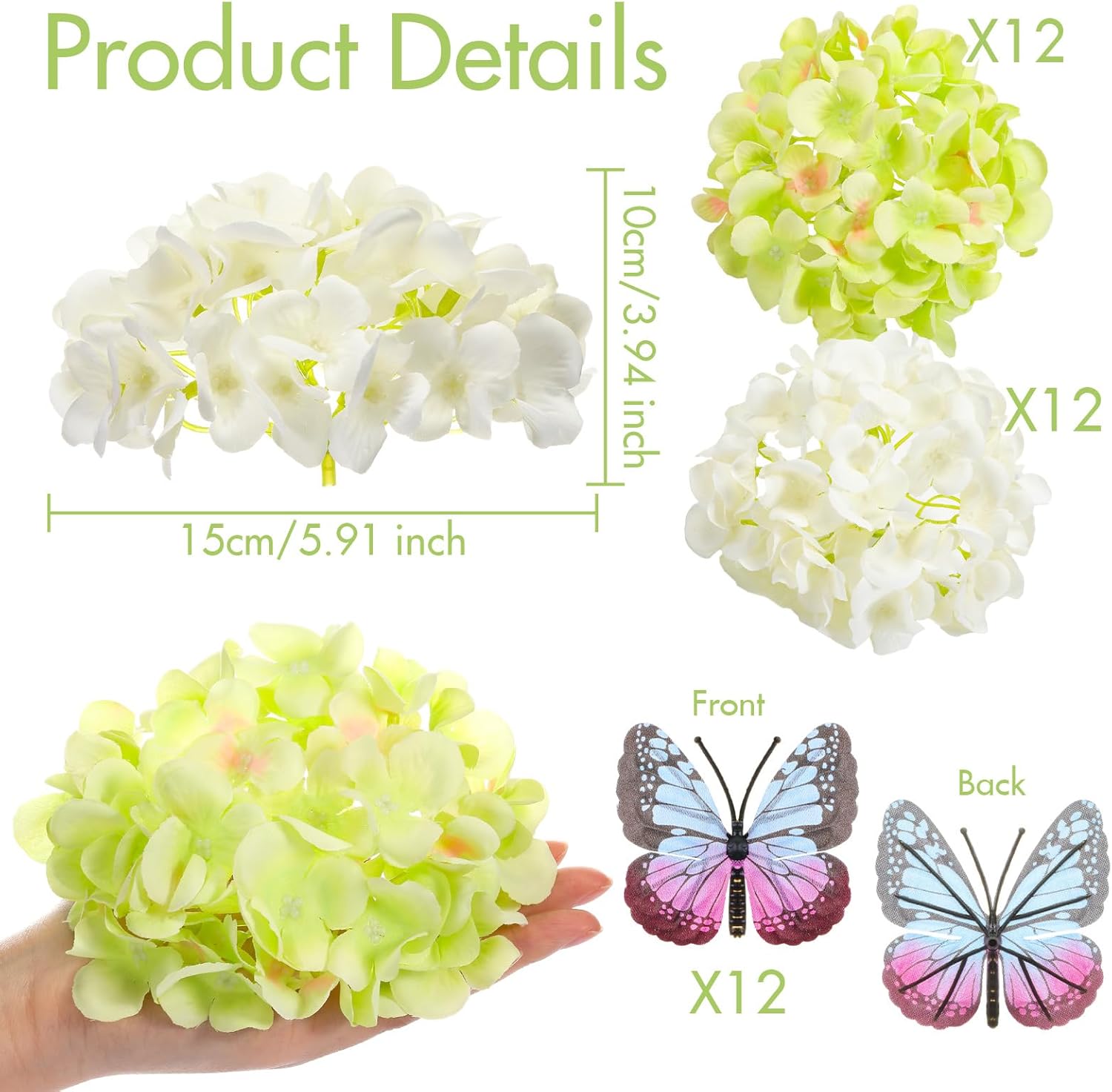 24 Pcs Artificial Green and White Hydrangea Heads Flowers Silk Hydrangea Artificial Flowers with Simulated Butterflies for Bouquet Table Centerpieces Indoor Weddings Party Home Spring Summer Decor