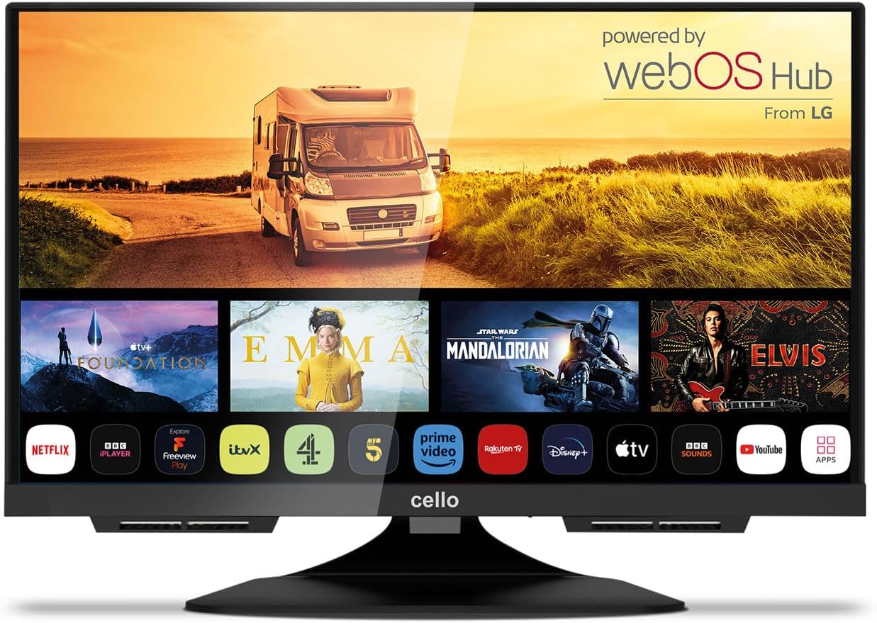 – Cello C1924WS Traveller 12 Volt 19 inch Smart Frameless TV Ultrafast WebOS, Freeview Play, FreeSat, Pitch Perfect Speakers Bluetooth, Netflix, Small TV for Motorhomes