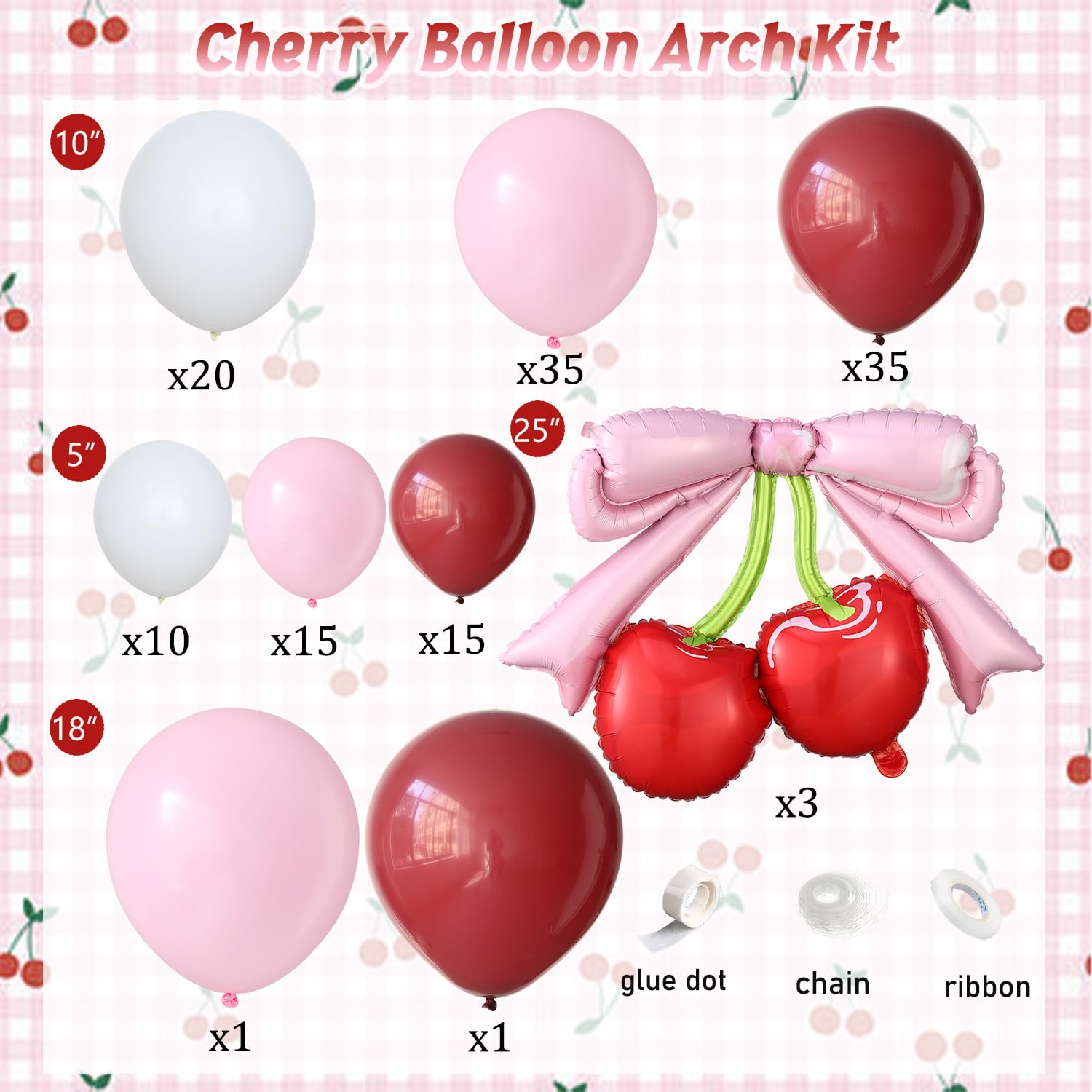 Girlanda balonowa wiśniowa, zestaw łuków, bordowe, różowe, białe balony z różową kokardką, czerwone balony foliowe, dla dziewcząt, urodziny, 'She's The Cherry On Top' baby shower, ślub, dekoracje na
