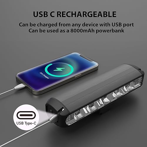 Miniatura 5 de Luz de bicicleta súper brillante 2 en 1 con soporte para teléfono, luz de bicicleta recargable USB C para conducción nocturna, juego de faros y