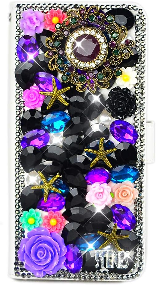 STENES Bling Case Compatible with iPhone XR Case - 3D Handmade Crystal Cherry Pineapple Floral Lips Wallet Credit Card Slots Fold Stand Leather Cover Compatible with iPhone XR - Blue