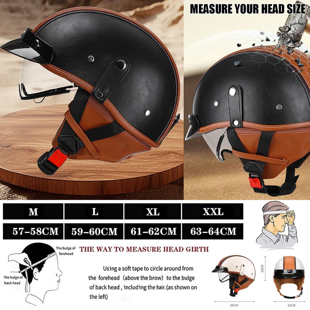 Casque de Moto Vintage Cuir Retro Vintage Scooter Open Face Demi Cuir avec visière Lunettes ECE Bols pour Homme et Femme Adultes Demi-Casques avec Sac de Rangement