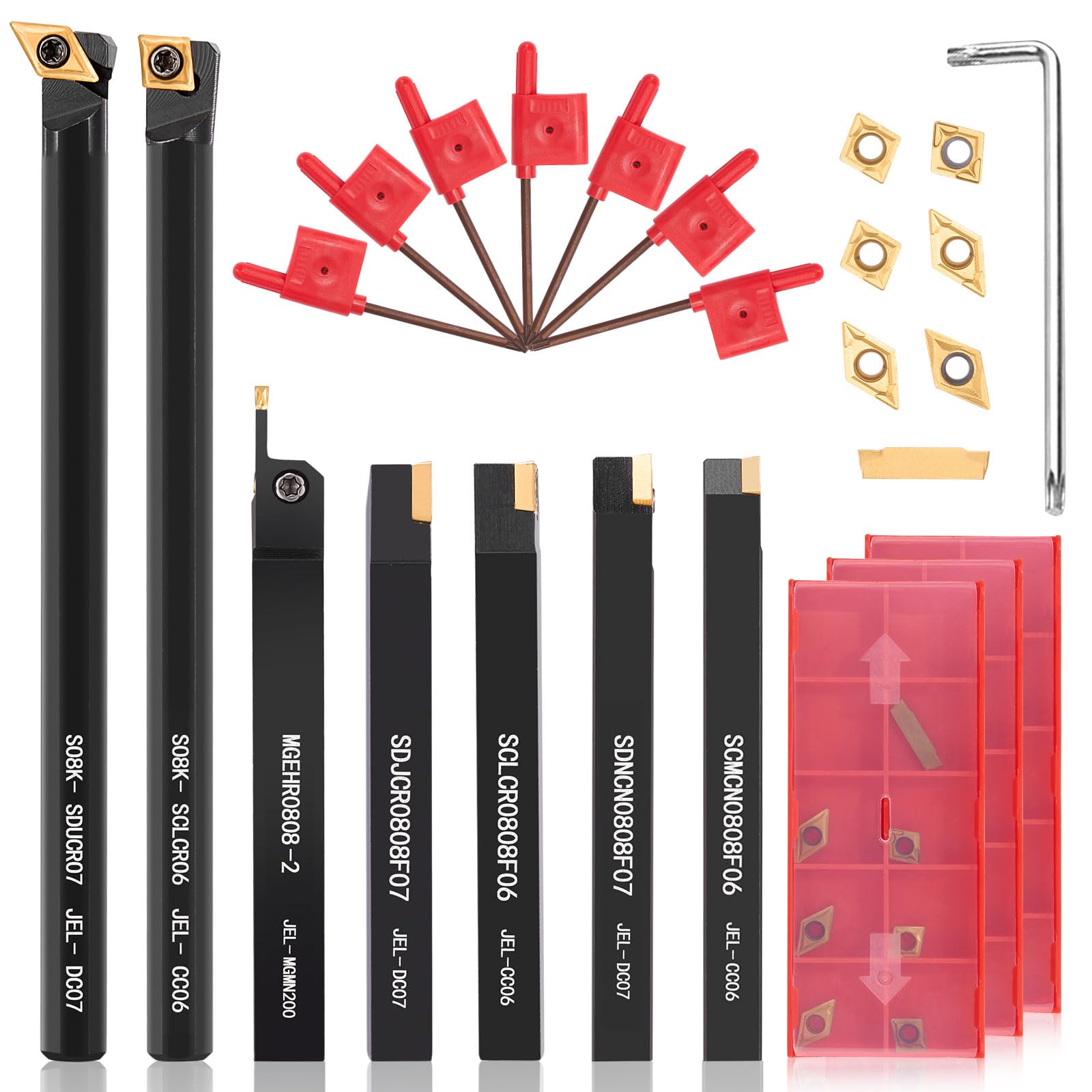 8x8mm Drehmeißel Set mit 21 Wendeplatten | 7 Schaft-Bohrstangenhalter Drehwerkzeughalter, 7 Schraubenschlüssel, Präzise Metallbearbeitung & Hohe Stabilität