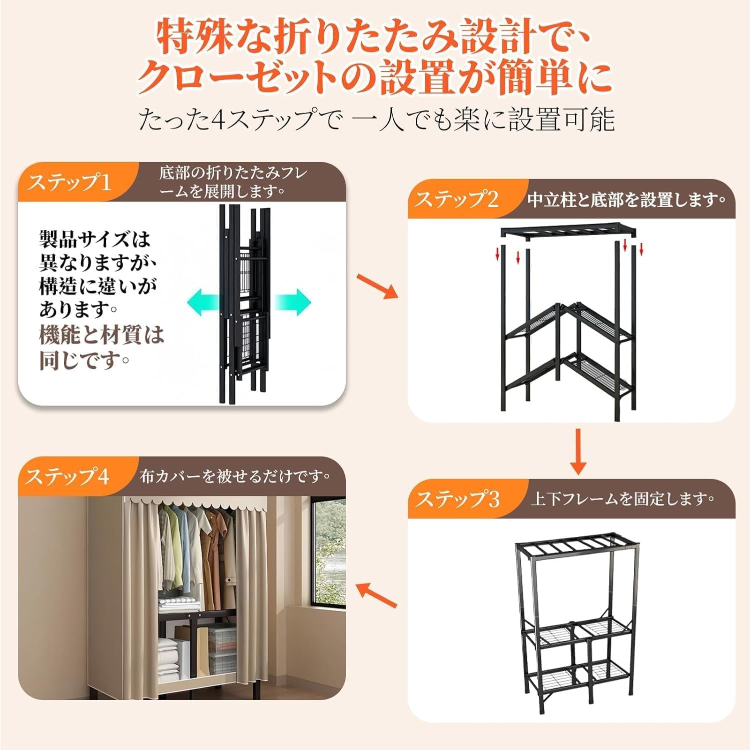 ワードローブ 組み立て不要 大容量 カバー付き クローゼット 高耐荷重 美しい衣類収納ラック スチール製 頑丈 組み立て簡単 省スペ