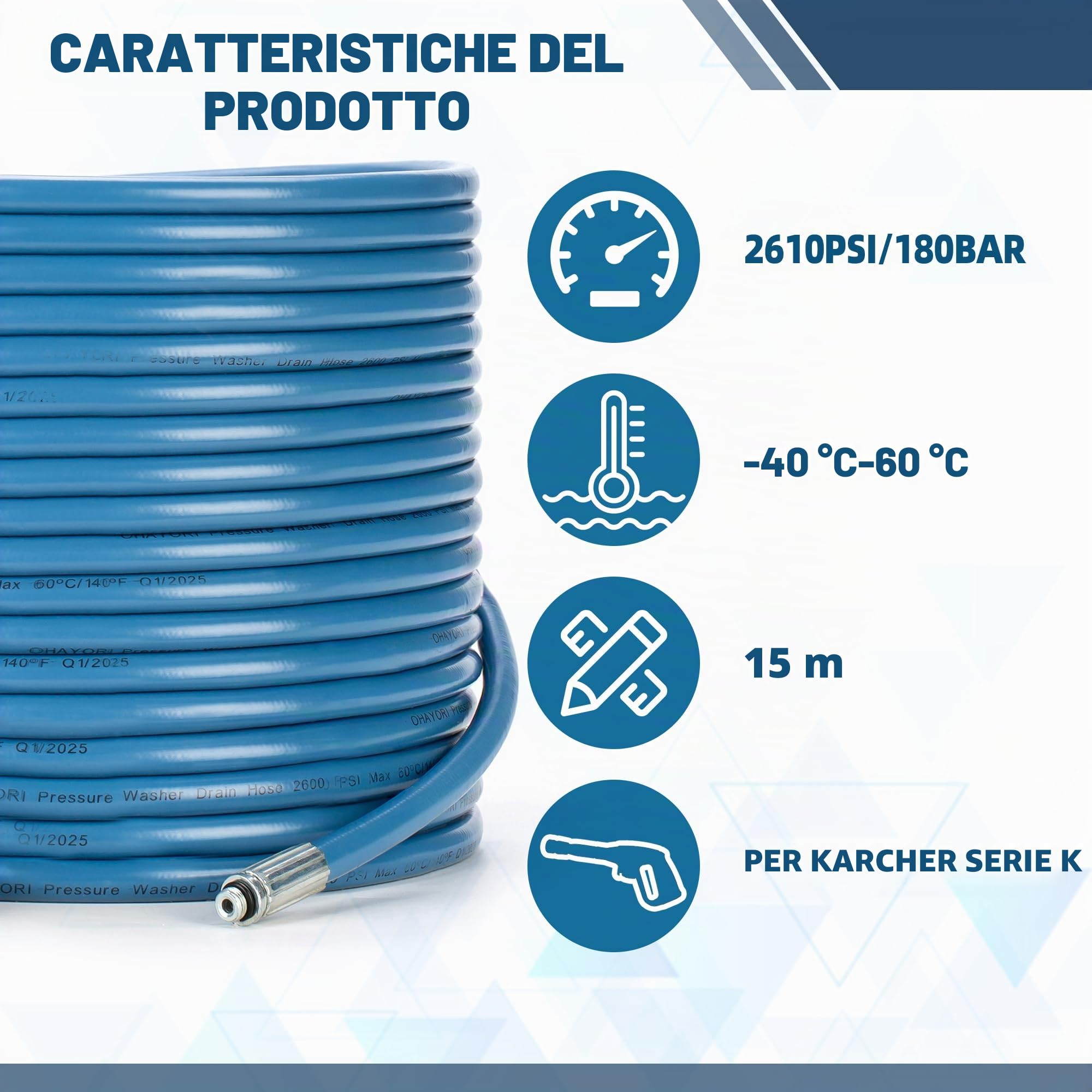 OHAYORI 15M Tubo di Sonda Sturatubi per Karcher K2-K7, Flessibile Fresa per Scarichi con Ugello G1/8" Rotante & Ugello a Getto, 180 Bar Accessorio Compatibile con Idropulitrice Pistola M22