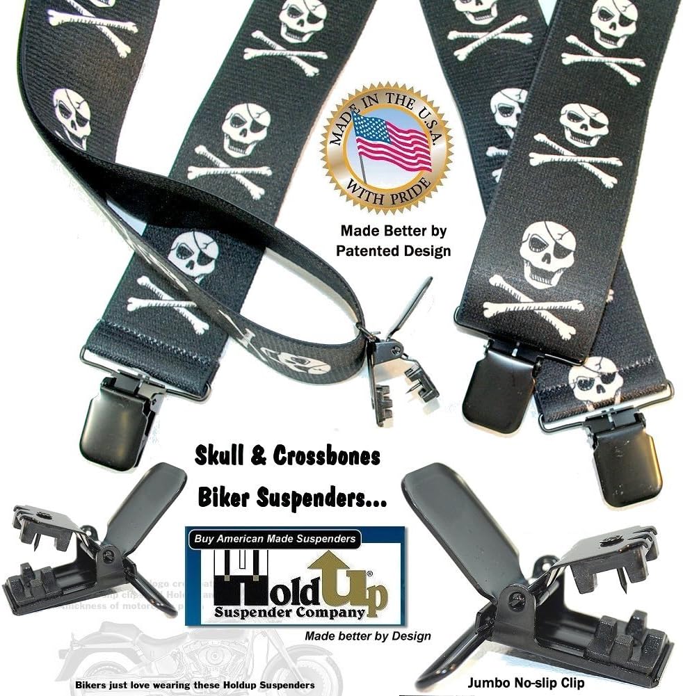 Holdup Suspender Company 2" wide Biker Skull & Crossbones Suspenders for Men with Patented Jumbo black metal no-slip Clips