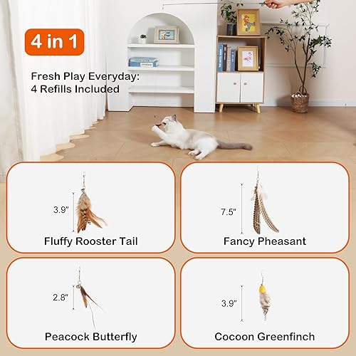 Miniatura 4 de Juguete de varita para gatos, varita retráctil con 4 recambios de juguete de plumas para enriquecimiento de gatos en interiores, juguete interactivo