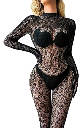 Womens Lingerie Sexy Fishnet Bodysuit, See Through Mesh Bodystocking Leopard Rave Jumpsuit