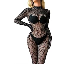 Womens Lingerie Sexy Fishnet Bodysuit, See Through Mesh Bodystocking Leopard Rave Jumpsuit