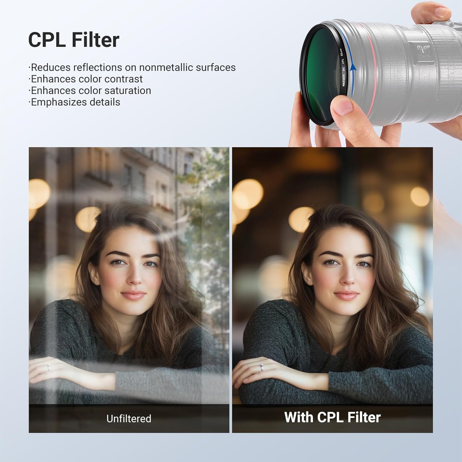 NEEWER 55mm Variable ND + CPL + UV Filter Kit (3 Pack), Multicoated Neutral Density (ND2-400) Circular Polarizer Camera Lens Polarizing Filter Photography Accessories Set with Carry Case & Lens Caps