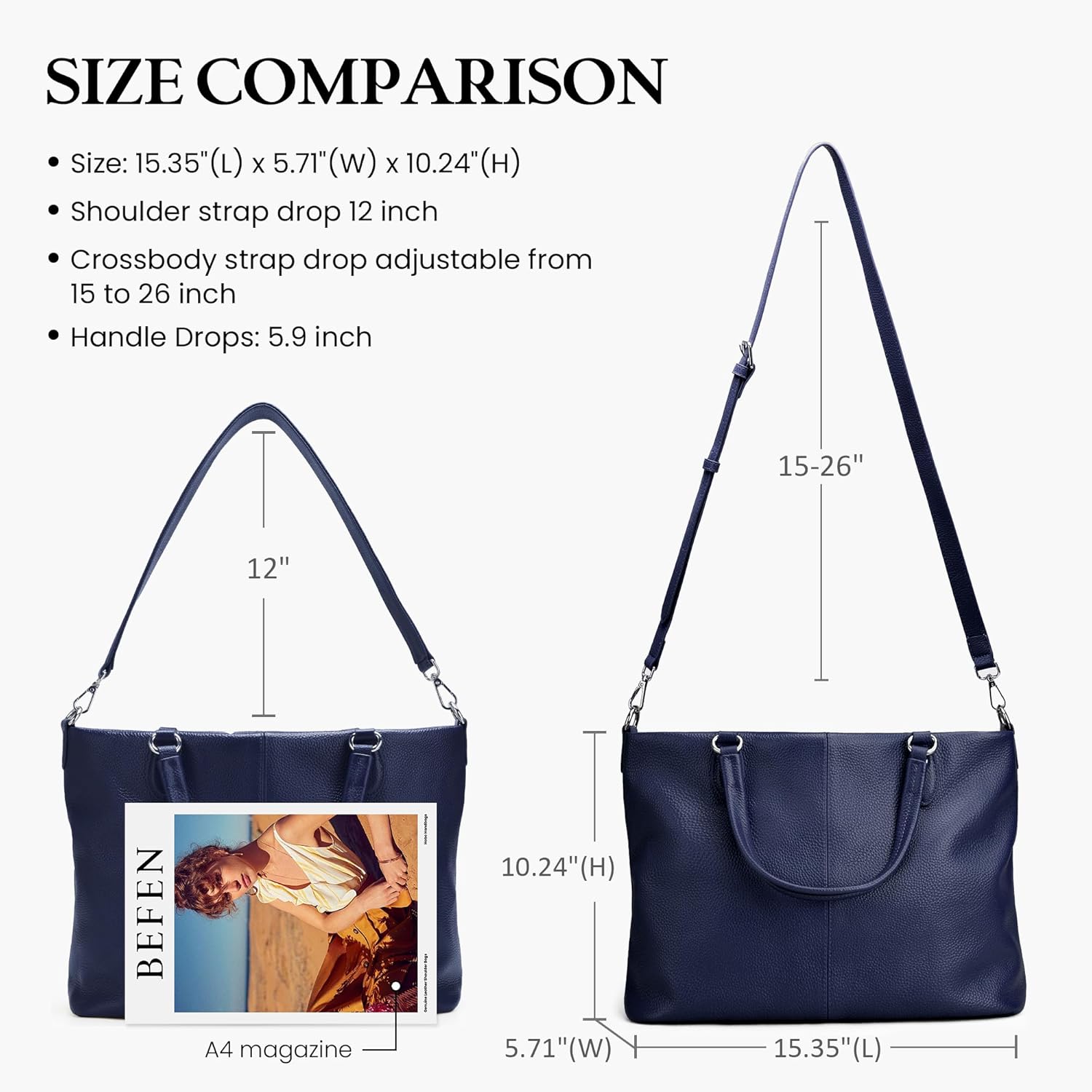 befen Soft Genuine Leather Tote Bag for Women with Zipper, Real Leather Shoulder Purse with Top Handle & Crossbody Strap - Image 5