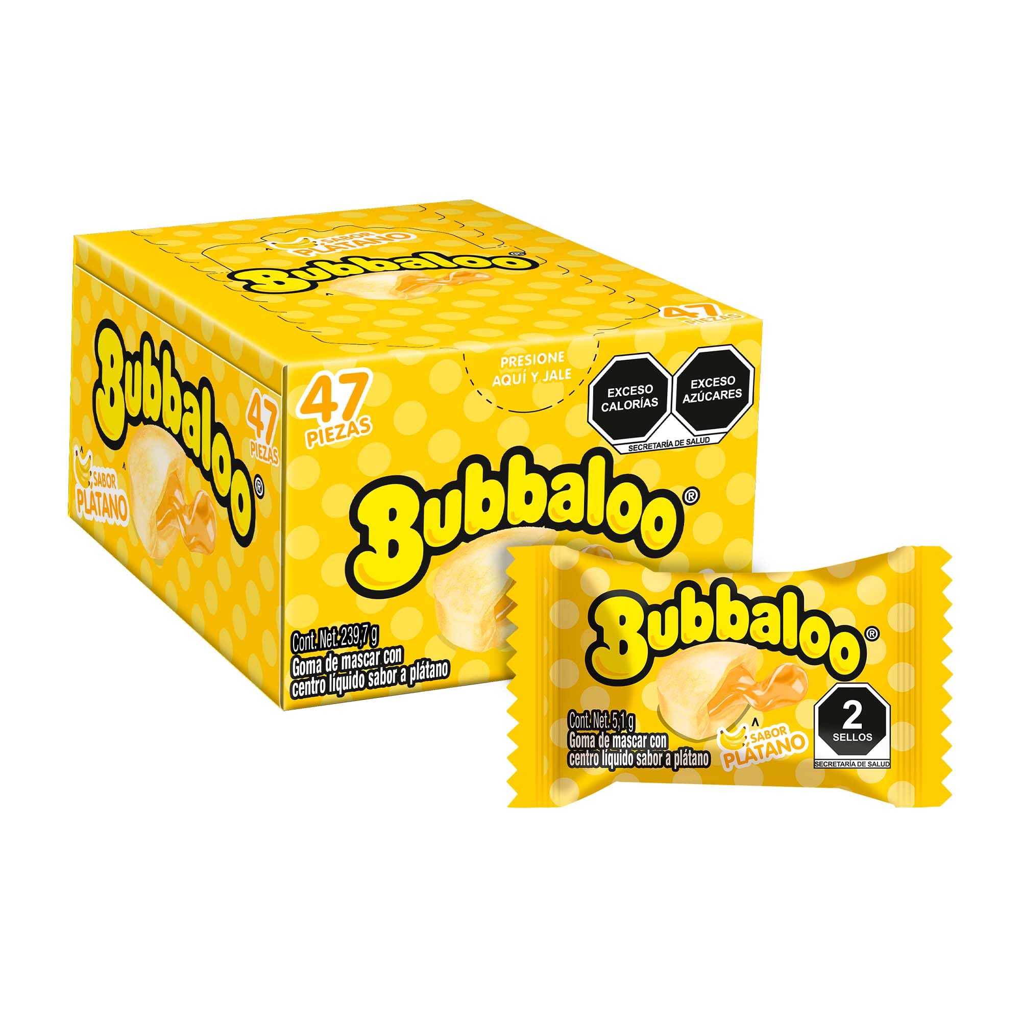 Bubbaloo goma de mascar con centro liquido sabor Platano (47pz)