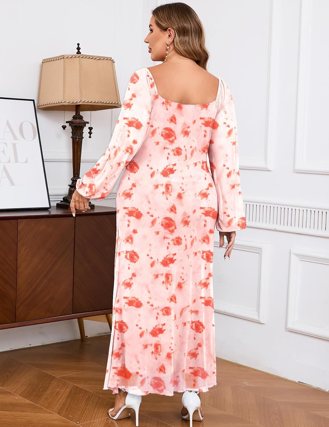 ZOMVA Spring Plus Size Floral Print Mesh Dress for Curvy Women Long Sleeve Dresses for Wedding Guest