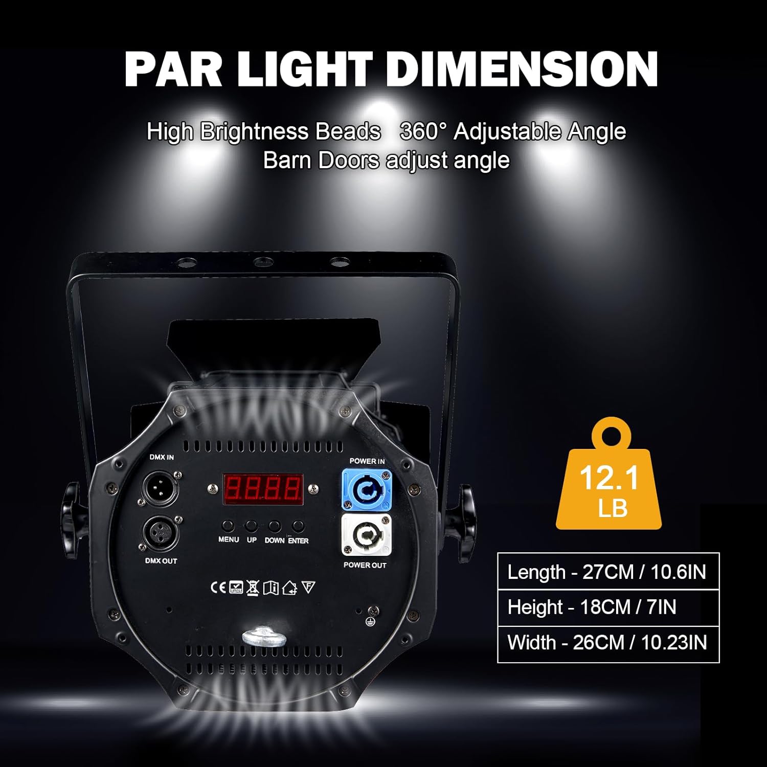 Diagram showing the dimensions of the DJXFLI COB Par Light: Length 27cm/10.6in, Height 18cm/7in, Width 26cm/10.23in, and weight 12.1 LB.