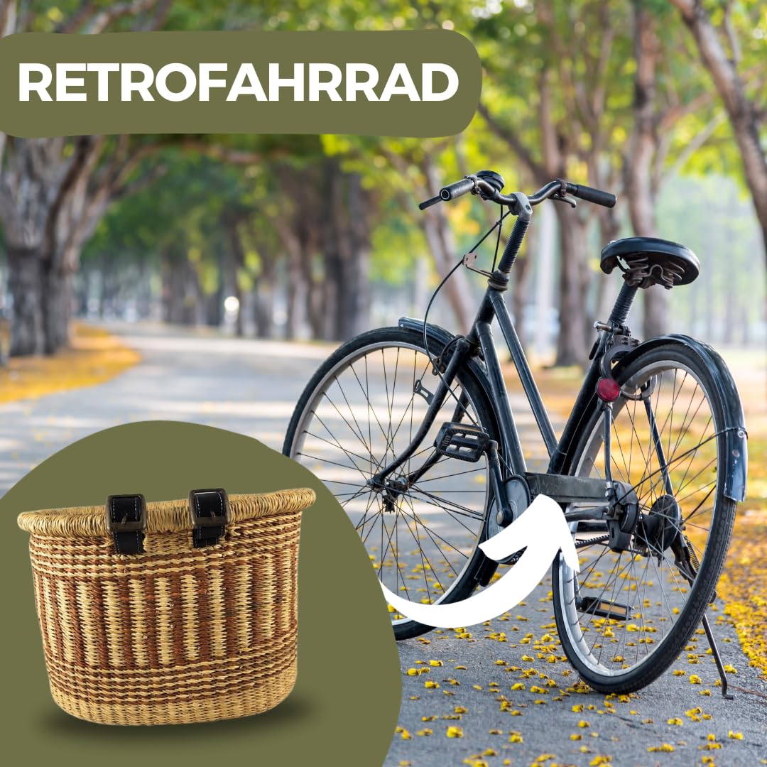 Fahrradkorb Afrika - XXL - Fair Trade - Viele Farben - Geflochten in Ghana - Vorne Fahrradlenker - Hinten Gepäckträger - Flechtkorb mit Lederriemen - Transportkorb für Hund - Groß - Bunt