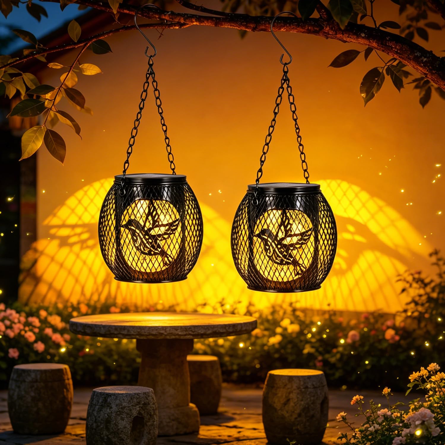 Hemoravoma 2 Pack Bird Hanging Solar Lanterns, Outdoor Garden Lights – Waterproof Solar Bird Cage Lanterns for Patio, Yard, Pathway & Plant Decoration Hanging Solar Ornaments for Garden Fence, Tree &
