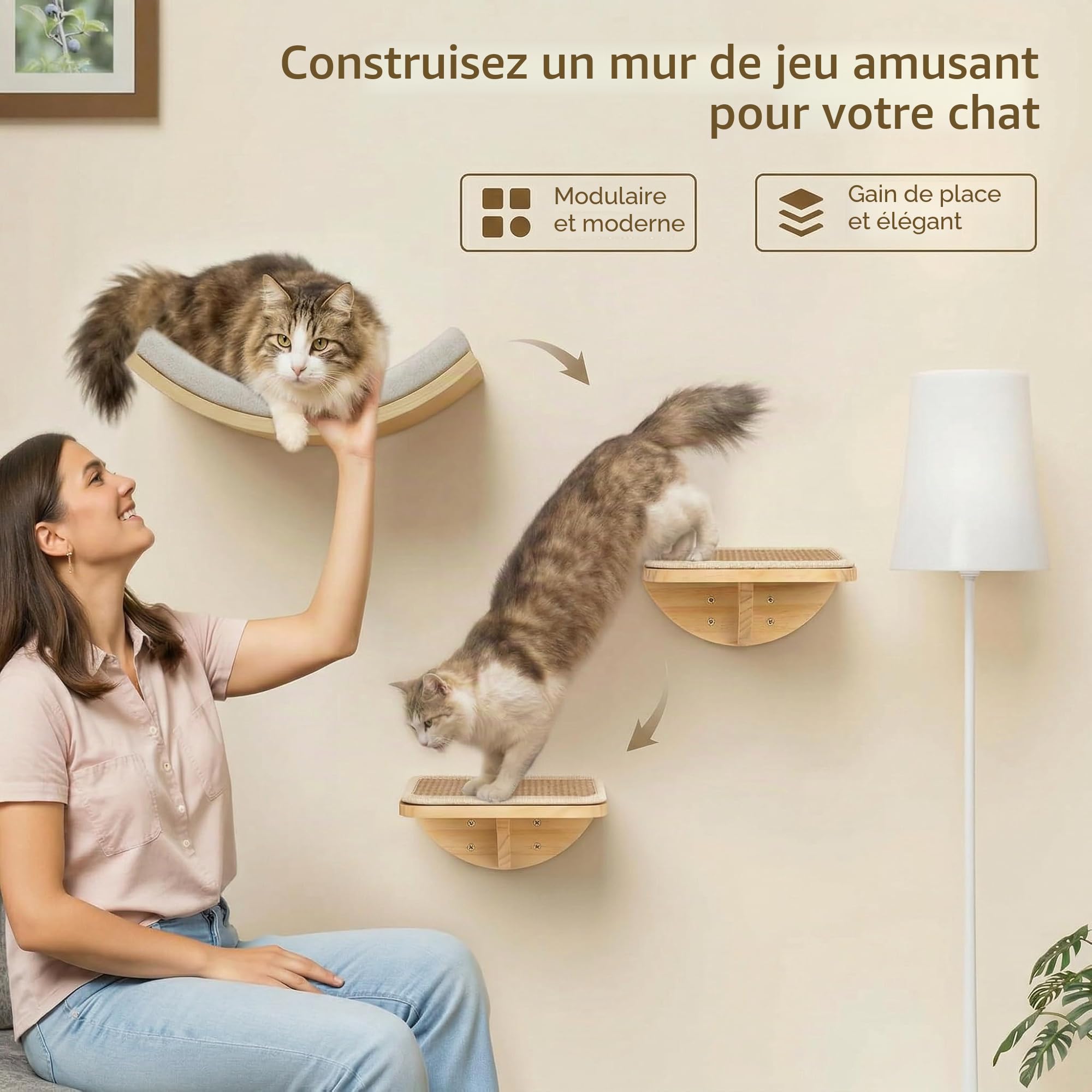 Lot de 3 escaliers muraux pour chat avec 2 marches d'escalade et plates-formes incurvées - En bois - Pour escalade, jouer, dormir