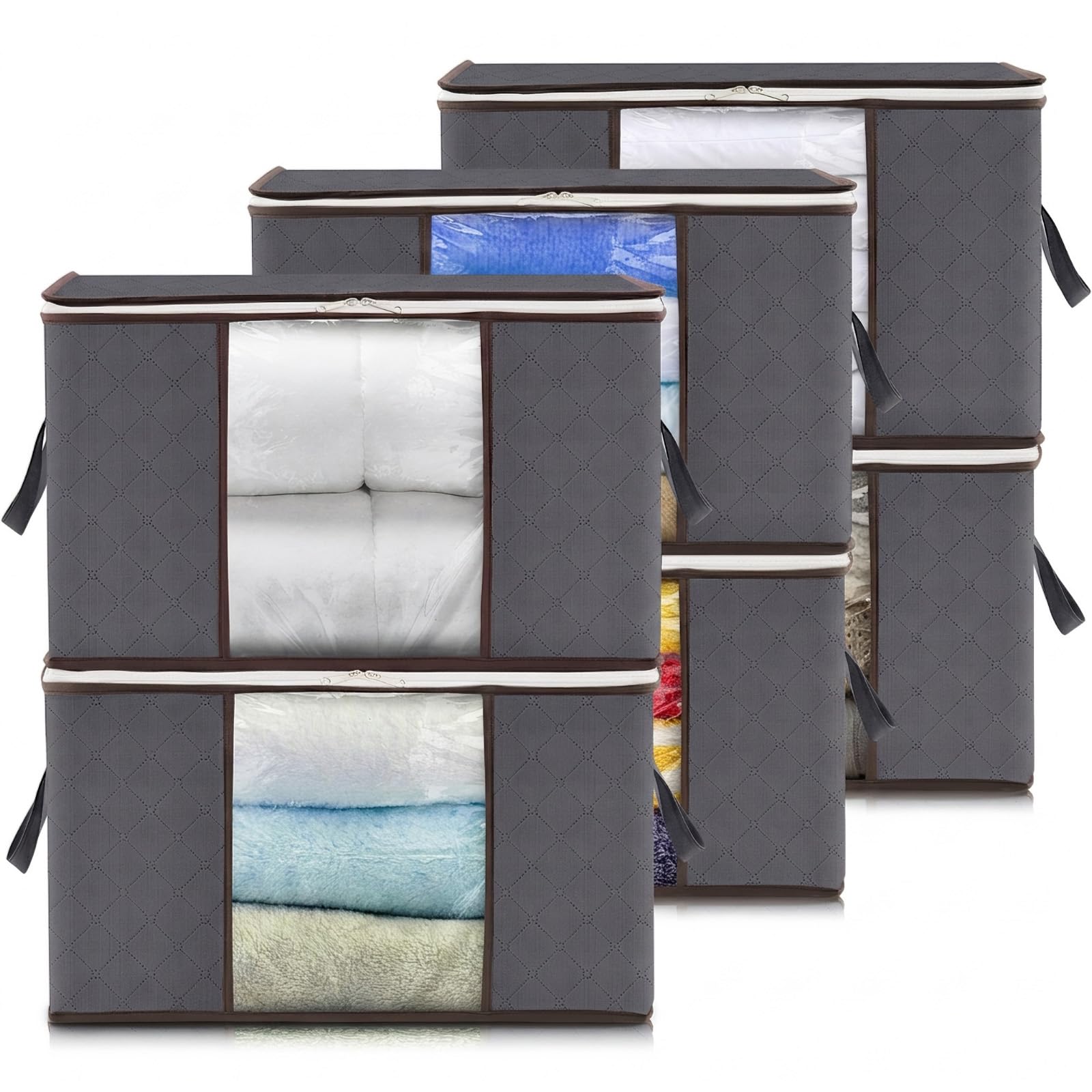 Lifewit 120L Clothes Storage Bags Large Storage Box With Lid Packing Boxes for Moving House With Reinforced Handle Thick Fabric Clear Window for Clothes Duvet Blankets Bedding, 6 Pack, Grey