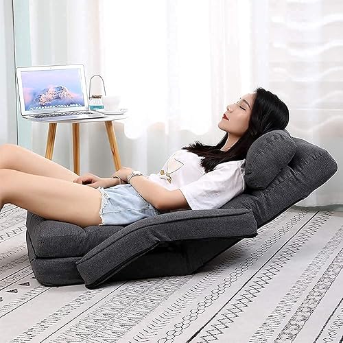 Miniatura 17 de FLOGUOR Silla de suelo, tumbona para interiores, sofá perezoso plegable ajustable de 14 posiciones con reposabrazos y una almohada, sillas