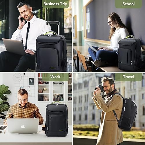 Miniatura 8 de Lekebobor Mochila con ruedas para computadora portátil de viaje, mochila de negocios con ruedas para hombres y mujeres, Negro -