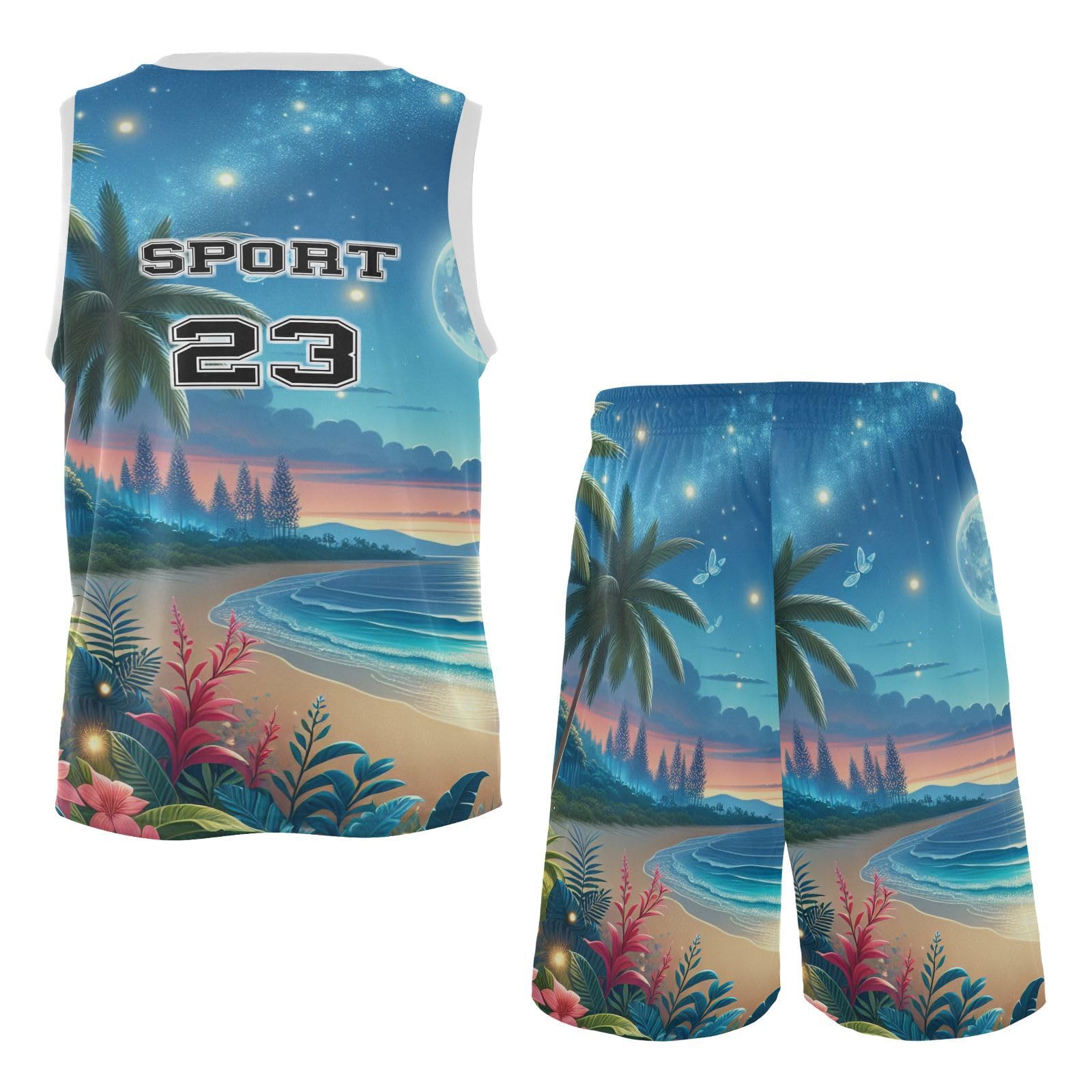 FLildon Tropical Beach Moonnight Boys Basketball Jersey Set Tank Top Shorts Tracksuit Sport Training Suit for Kids, XL