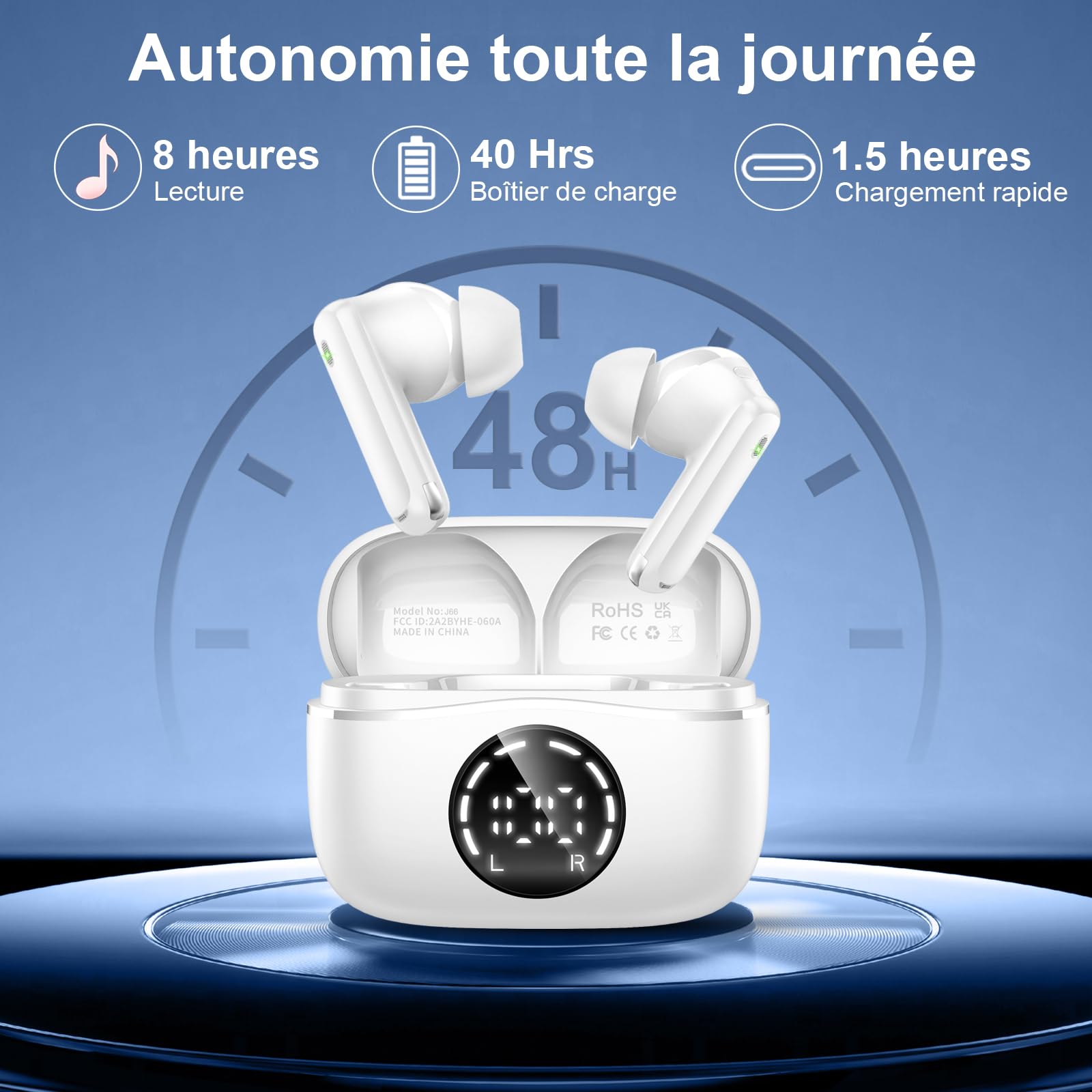 Casque Bluetooth, écouteurs sans fil ENC 4 microphones, 48h lecture, étanche pour Android/iOS