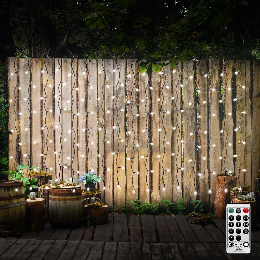 Cortina Luces Navidad, 2 m x 1 m, funciona con pilas,cable verde, luces de jardín exteriores 8 modos de parpadeoLuces De Cortina De Ventana,Decoración Para La Navidad,impermeable (blanco)