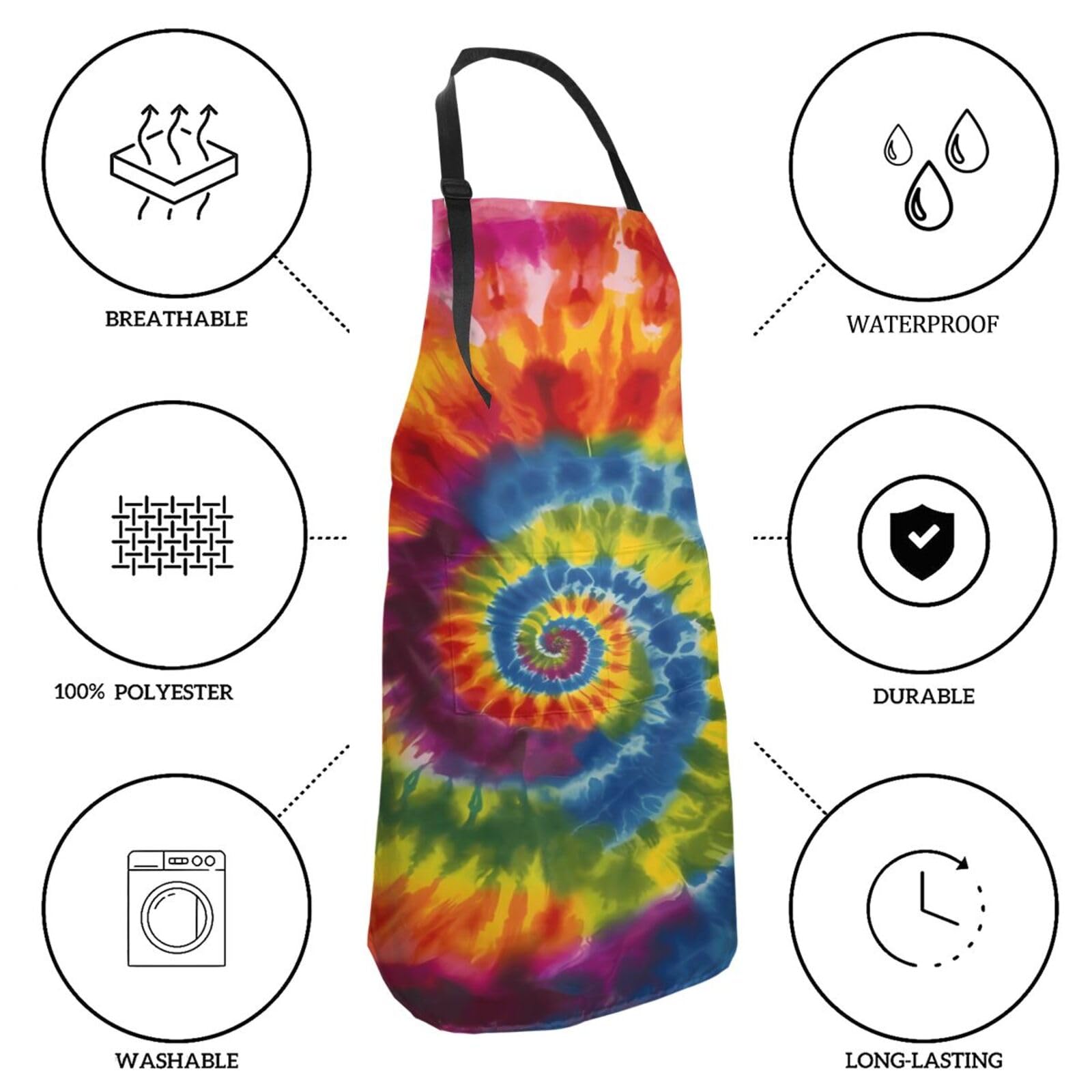 Mount Hour Tribal Ethnic Tie Dye Adjustable Apron with 2 Pockets, Spiral Colorful Chef Bib for Garden Cooking Painting