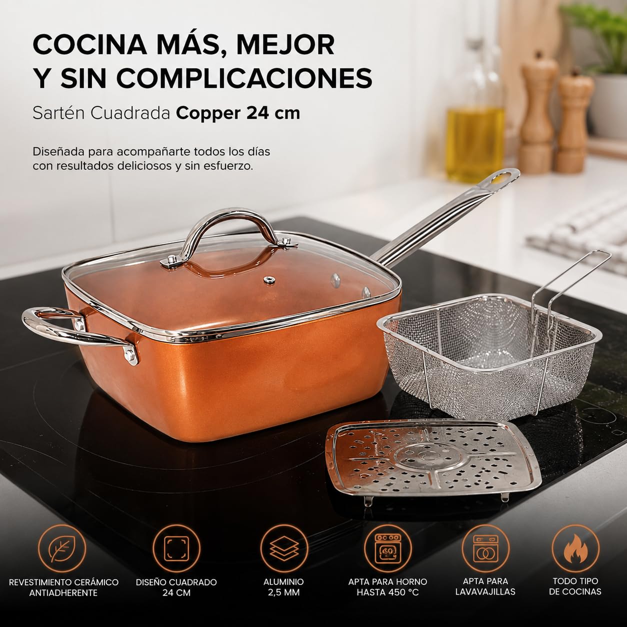 Sartén Cuadrada Antiadherente 24 cm Color Copper con Tapa de Vidrio | Revestimiento cerámico, aluminio 2,5 mm, apta para horno y lavavajillas