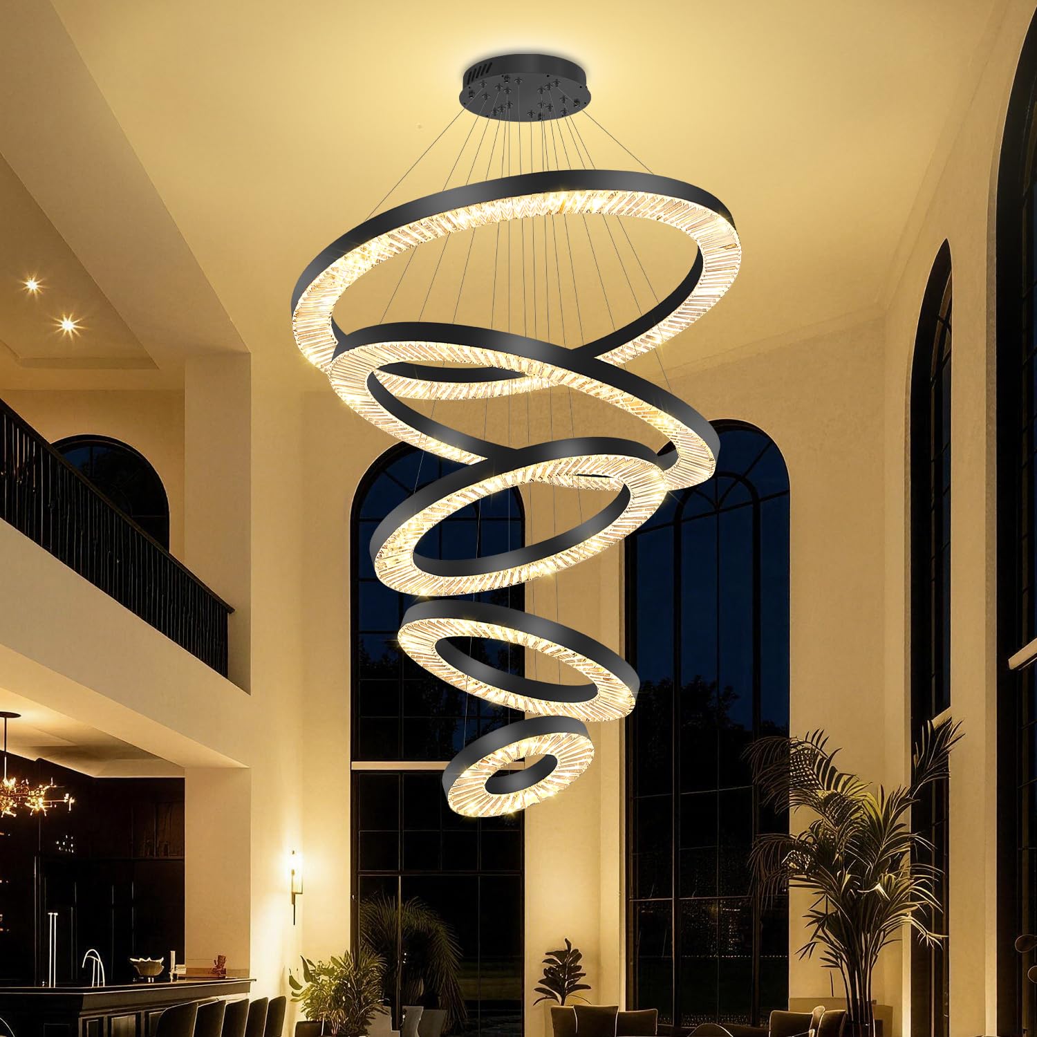 IDEQUY Large 5 Ring Chandelier Modern Dimmable Led Ring Chandeliers for Living Room Dinin…