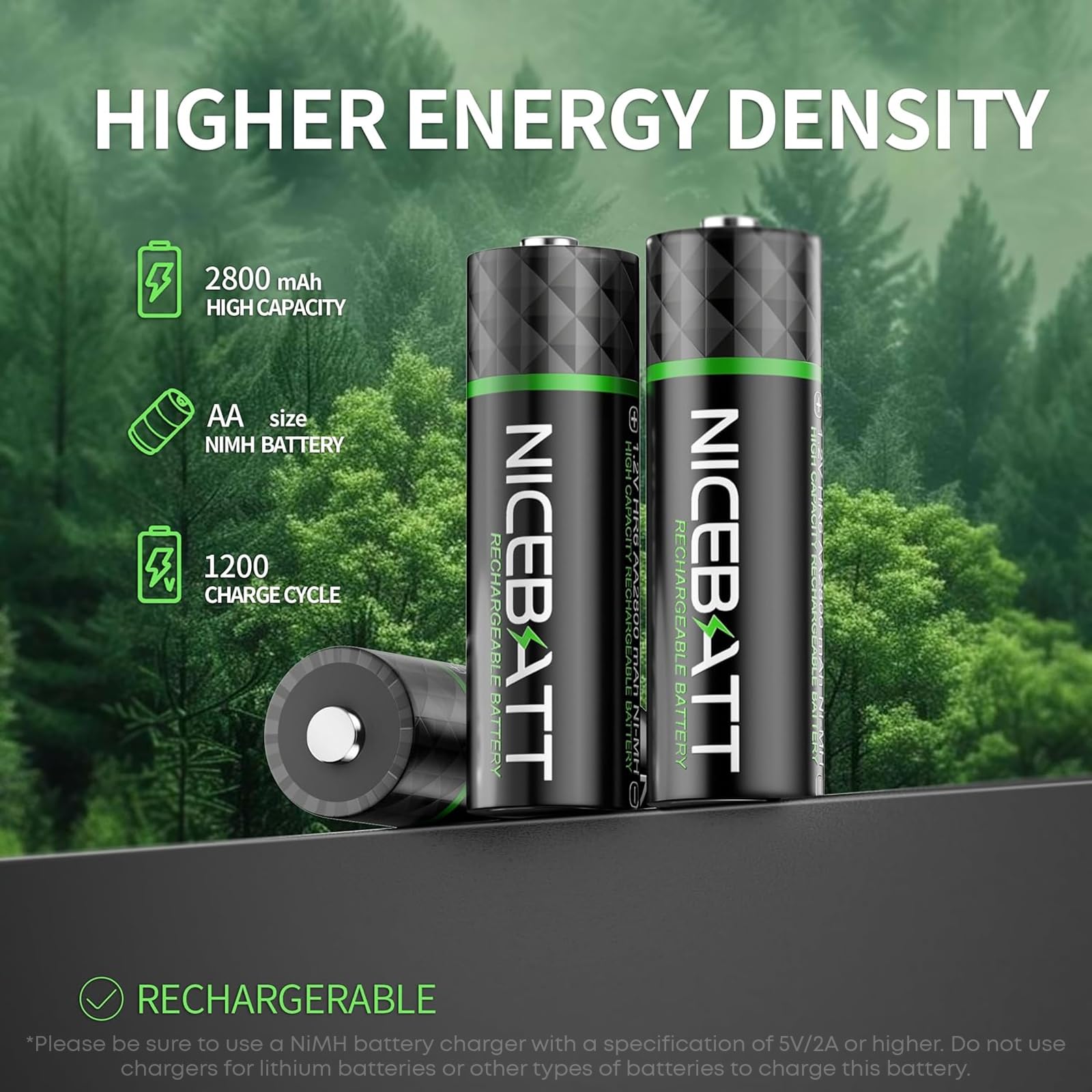 NICEBATT Lot de 16 piles AA rechargeables 2800 mAh NiMH double A à faible auto-décharge