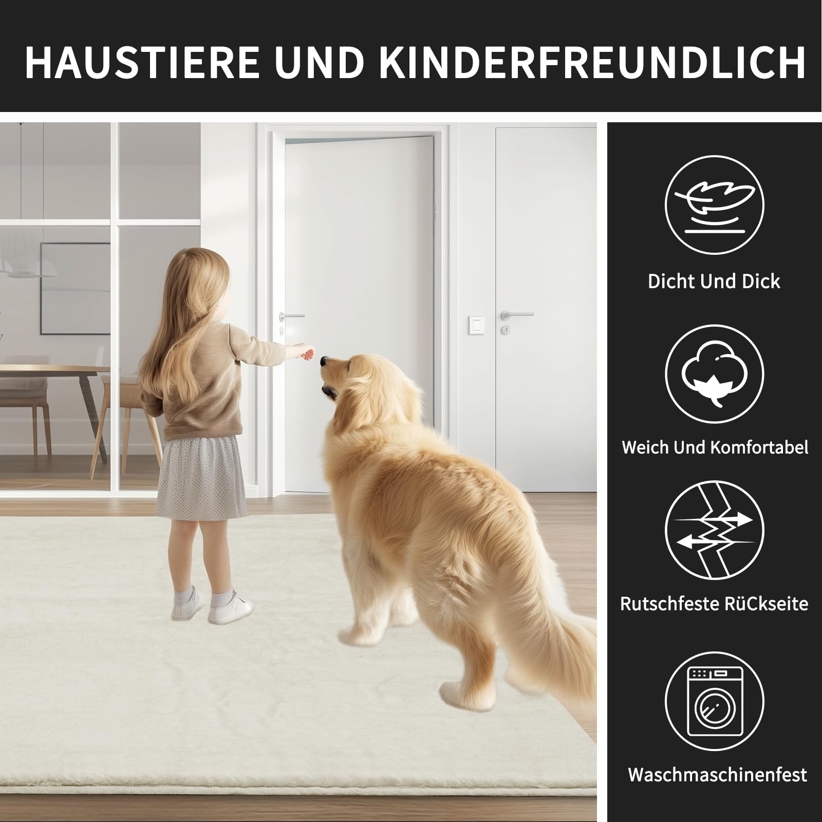 Sour Lemon Teppich Wohnzimmer 200x300cm,Großer Cream Teppiche Kunstfell | Waschbar Glatt Anti-Rutsch Carpet für Schlafzimmer, Kurzflor rutschfest, fusselfrei, Flauschiger Teppich Bereich Kinderzimmer