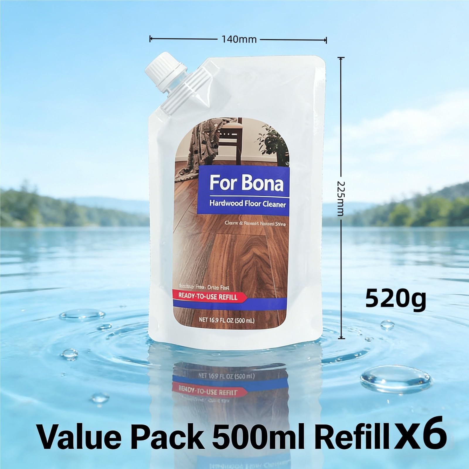 Recambio de Limpiador for Suelos de Madera Dura, 500mL sin Fragancia X6, sin Residuos Secado Rápido, Compatible con Bona Fregona de Spray