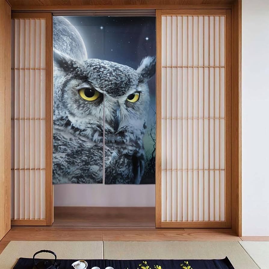 Amazon｜のれん おしゃれ 目隠し かわいい フクロウ 月柄 暖簾 簡単