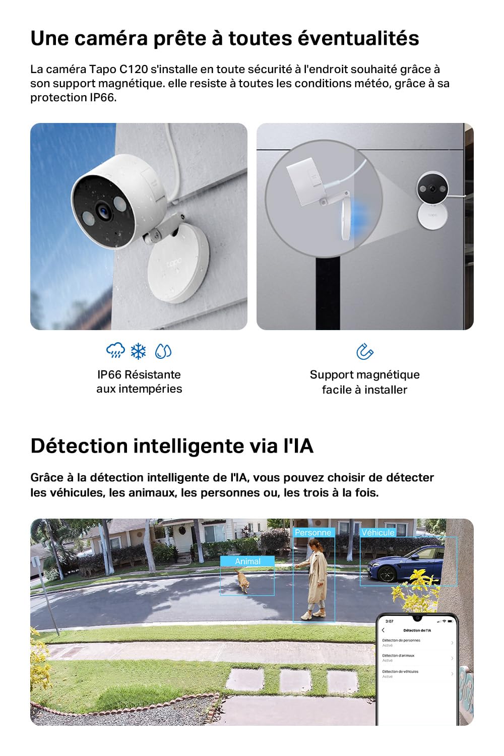 Tapo C120 Caméra Surveillance WiFi intérieure ou extérieure, QHD 4MP, Étanche IP66, Détection intelligentes de l'IA, Base magnétique, Double projecteur, Vision Nocturne, Audio Bidirectionnel