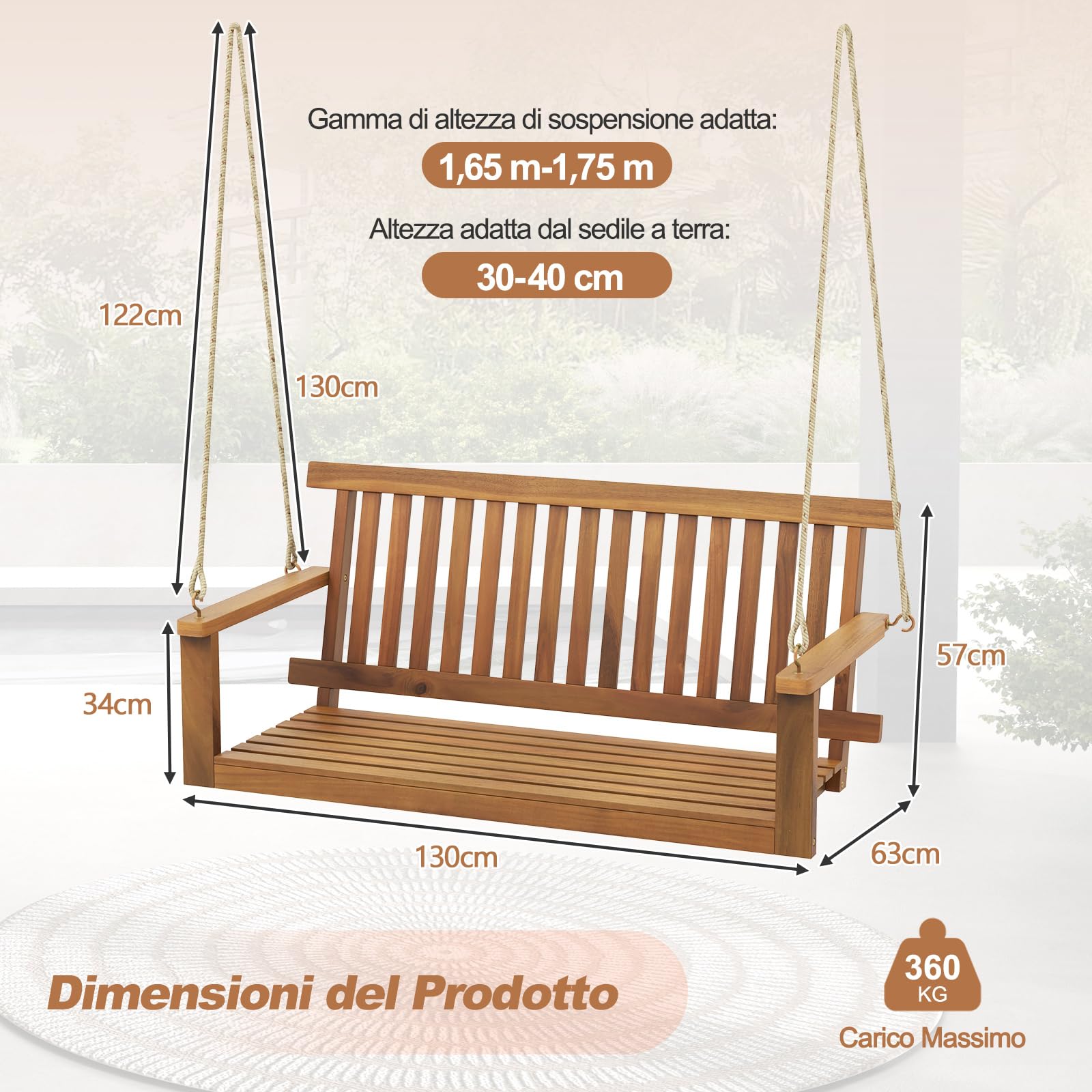 COSTWAY Altalena da Giardino in Legno di Acacia, Panchina Sospesa con 2 Posti, Sedia a Dondolo per Giardino, Sedia Sospesa con Schienale, Portata 360 kg, per Giardino Balcone Cortile