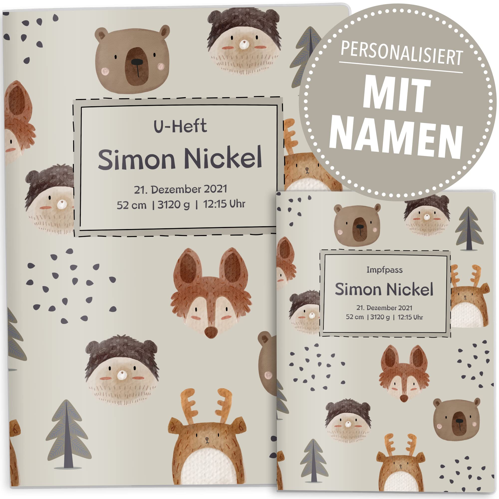 OLGS U-Heft und Impfpasshüllen Set Awesome World | Untersuchungsheft & Impfpass Hüllen, Babygeschenk mit Namen und Geburtsdatum - Uhefthülle, Impfpasshülle personalisiert, Foxy Forest