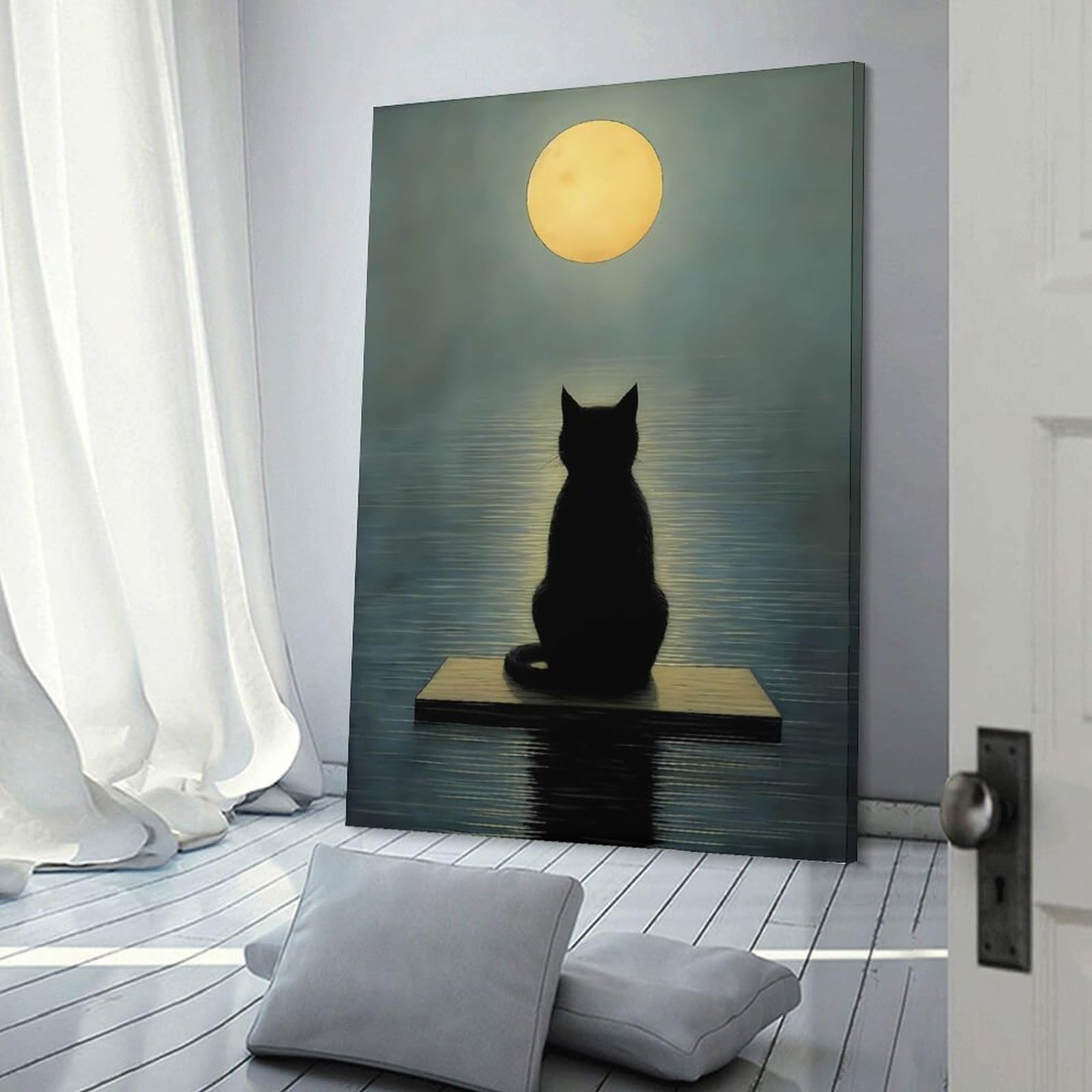 Junmoney Frame-Style-22 Decorative Wall Artwork Black Cat Full Moon, 20X30inch(50X75cm), For New Homes, Bedrooms Or Workspaces, Canvas Artwork With Gifting Potential